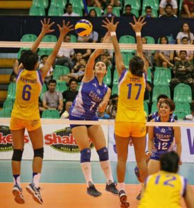 Pocari Sweat’s Michelle Gumabao challenges Air Force’s May Ann Pantino and Jocemer Tapic during Game One of the Shakey’s V-League Season 13 Open Conference Finals Wednesday. CONTRIBUTED PHOTO 