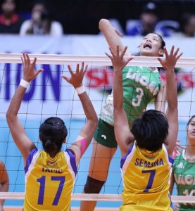 Jessica Galanza of Laoag soars for an attack against Air Force’s Jocemer Tapic and Wendy Semana during Game 2 of their Shakey’s V-League Final Four duel at The Arena. CONTRIBUTED PHOTO