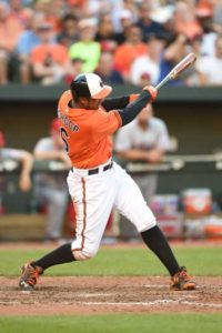 Jonathan Schoop of the Baltimore Orioles singles in the eighth inning to score Manny Machado (not pictured) during a baseball game against the Los Angeles Angels of Anaheim at Oriole Park at Camden Yards in Baltimore, Maryland. AFP PHOTO