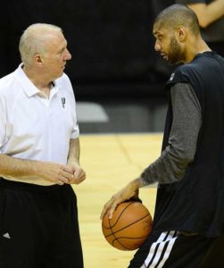 San Antonio Spurs coach Gregg Popovich and Tim Duncan have a word during a practice session.  AFP FILE PHOTO