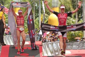 Australian Tim Reed (left) dominates the field to retain the men’s title while Swiss Caroline Steffen toughens up in the run stage to regain the women’s crown in Cobra Energy Drink Ironman 70.3 Asia-Pacific Championships presented by Ford in Cebu on Sunday. CONTRIBUTED PHOTO