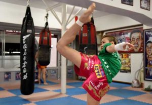 Thai martial arts Muay Thai fighter Ayaka Miyauchi of Japan training at her gym in Tokyo. Ayaka Miyauchi, a former dentist’s assistant who goes by her fighting name “Little Tiger,” has captured six world titles in Muay Thai but insists the true mark of a champion is how they behave outside of the ring. AFP PHOTO   
