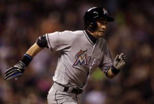 Ichiro Suzuki No.51 of the Miami Marlins runs to first base on a single against the Colorado Rockies in the seventh inning at Coors Field on Sunday in Denver, Colorado. The hit was the 2,999th of Suzuki’s Major League Baseball career. AFP PHOTO