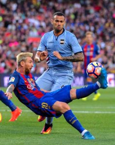 Barcelona’s Argentinian forward Lionel Messi (down) vies with Sampdoria’s Brazilian defender Leandro Castan during the annual 51st Joan Gamper Trophy friendly football match beteen Barcelona FC and UC Sampdoria at the Camp Nou stadium in Barcelona on Thursday.  AFP PHOTO 