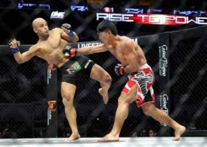 Eduard Folayang (right) throws a punch Kamal Shalorus of Iran during their lightweight fight in the ONE Championship at the Mall of Asia Arena in Manila on May 31, 2013. AFP PHOTO