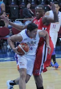 Rico Villanueva of NLEX drives on Erick Lamont Dowson of Black Water a PBA Governor’s Cup game at the Mall of Asia Arena in Pasay City. PHOTO BY BOB DUNGO JR.