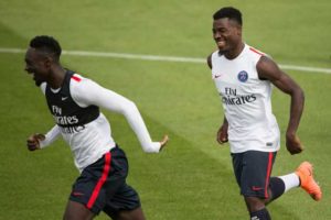 Paris Saint-Germain’s French midfielder Blaise Matuidi (left) and French forward Jean-Kevin Augustin (right) take part in a training session at the Camp-des-Loges in Saint-Germain-en-Laye, west of Paris on Friday.  AFP Photo 