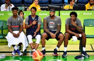 USA’s forward Jimmy Butler, USA’s guard Demar Derozan, USA’s centre DeMarcus Cousins and USA’s centre DeAndre Jordan rest during a basketball training session at the Carioca Arena 1 in Rio de Janeiro, on Friday ahead of the Rio 2016 Olympic Games.  AFP PHOTO