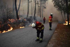 WHEN FIRE HITS THE WILDERNESS A firefighter kneels over near colleagues as they tackle a wildfire in Torredeita near Viseu, central Portugal, on Tuesday (Wednesday in Manila). Forest fires, raging since Friday (Saturday in Manila) in northern Portugal, had redoubled in vigor late yesterday, mobilizing more than 3,000 men fighting against 160 fires, eight classified as “important”. AFP PHOTO