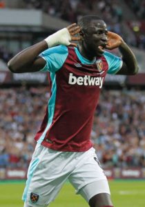 West Ham United’s Senegalese midfielder Cheikhou Kouyate celebrates after scoring his second goal during the qualifying third round second leg Europa League football match between West Ham United and NK Domzale at the London Stadium in east London on August 4, 2016. West Ham are playing their first competitive match at their new home, the London 2012 Olympic Stadium, against Slovenia’s NK Domzale in the third qualifying round of the Europa League. AFP photo