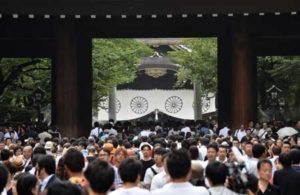 People visit the controversial Yasukuni shrine on the 71st anniversary of Japan’s surrender in World War II, in Tokyo on Monday. AFP PHOTO