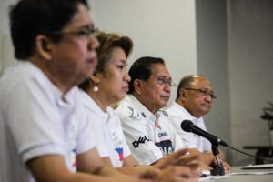 READY FOR PEACE Presidential peace adviser Jesus Dureza (second, right) and peace panel members (from left) Rene Sarmiento, Angela Librado Trinidad and Antonio Arellano face hold a pre-departure news briefing at the Ninoy Aquino International Airport on Saturday. PHOTO BY DJ DIOSINA