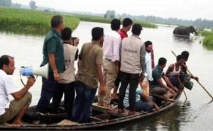 TO THE RESCUE In this photograph taken on August 1, 2016, Bangladesh wildlife officials look on from a boat as they observe a wild elephant in a watercourse at Sarishabari in Jamalpur District some 150kms north of Dhaka . Bangladesh and India are mounting a major rescue effort for a wild elephant struggling to survive after it was separated from its herd by floods and then washed across the border. AFP PHOTO