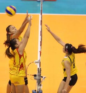 Nikka Dalisay (8) and Joyce Sta Rita hope to toughen up on defense as they lead San Sebastian against Far Eastern U in a crucial match in the Shakey’s V-League today. CONTRIBUTED PHOTO