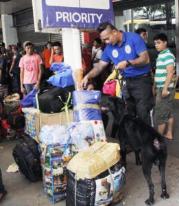 SAFETY CONCERNS A member of the Quezon City police and his K-9 partner check baggage at a bus terminal in Cubao, Quezon City on Saturday, hours after Davao City was rocked by an explosion that left at least 14 people dead and dozens injured before midnight on Friday. The National Capital Region Police Office has placed all five police districts in Metro Manila on full-alert status. PHOTO BY MIKE DE JUAN  BY 