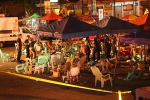 Police investigators collect evidence through injured and dead people lying on the ground, at the site of an explosion at a night market in Davao City AFP Photo