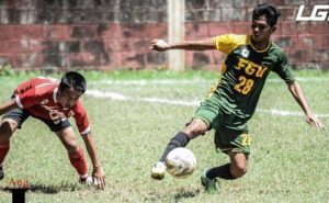 Far Eastern University’s Bryan Beruela defends the ball against San Beda College booters in the second division of Ang Liga.  Ang Liga Media photo