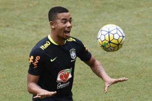 Bazil’s player Gabriel Jesus takes part in a training session on Tuesday at the Arena Amazonia stadium in Manaus, Brazil, on the eve of their Russia 2018 World Cup football qualifier match against Colombia. AFP PHOTO