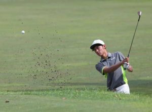 Micah Shin hits a superb bunker shot on the par-5 No. 5 to cap an early four-birdie binge. CONTRIBUTED PHOTO 