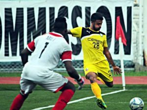 Ceres La Salle FC’s Jeffrey Christiaens (28) mounts a shot against Forza FC goalkeeper Abu Ibrahim (1) in their United Football League second round meeting on Wednesday.   UFL Media photo 