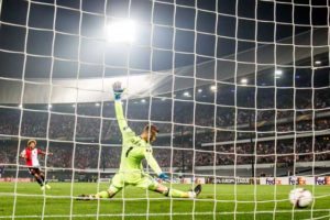  Feyenoord’s Tonny Vilhena scores a goal during the UEFA Europa League football match between Feyenoord Rotterdam and Manchester United on Friday at the Feyenoord Stadium in Rotterdam. AFP PHOTO