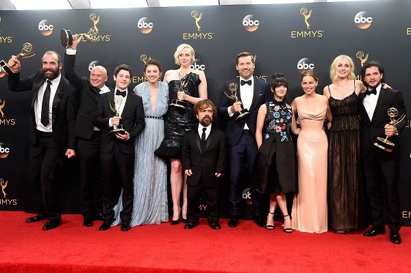 (L-R) Actors Rory McCann, Conleth Hill, Iwan Rheon, Gwendoline Christie, Peter Dinklage, Nikolaj Coster-Waldau, Maisie Williams, Emilia Clarke, Sophie Turner and Kit Harington, winners of Best Drama Series for 