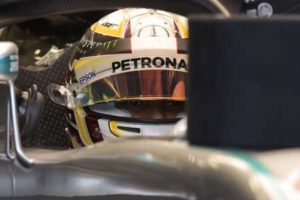 Mercedes AMG Petronas F1 Team’s British driver Lewis Hamilton sits in his car before a practice session ahead of the Singapore Grand Prix night race in Singapore on Friday. AFP PHOTO