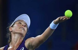 Johanna Konta of Britain serves during her quarterfinal against Petra Kvitova of the Czech Republic at the WTA Wuhan Open tennis tournament in Wuhan, in China’s central Hubei province on Friday. AFP PHOTO