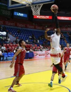 Arnaud Noah (19) of San Beda attempts a lay-up past Lyceum’s Khen Soriano (17), Raymar Caduyac (16) and Paul Soliman (7) during an NCAA Season 92 men’s basketball game on Friday at The Arena in San Juan City. CONTRIBUTED PHOTO