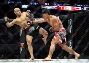 Eduard Folayang (right) of the Philippines fights with Kamal Shalorus (left) of Iran during their lightweight fight of the ONE Championship at the Mall of Asia Arena in Manila on this photo taken on May 31, 2013. AFP PHOTO 