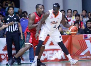 Justin Brownlee of the Gin Kings guards Allen Durham of the Bolts during a Philippine Basketball Association Season 41 Governors’ Cup game at the Quezon Convention Center in Lucena City.  CONTRIBUTED PHOTO 