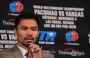 Boxer-Senator Manny Pacquiao speaks at a press conference with Jessie Vargas in Beverly Hills, California on Thursday (Friday in Manila), announcing their November 5th fight AFP PHOTO