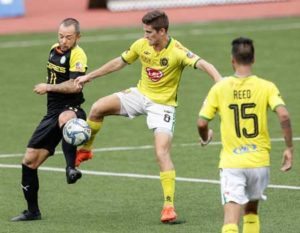 Ceres La Salle FC’s Stephan Schrock (left) controls the ball during their game against Kaya FC in the second round of the United Football League on September 17. UFL MEDIA PHOTO