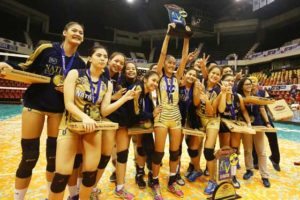 Members of the National U Lady Bulldogs, led by Conference MVP Jaja Santiago (left) and Finals MVP JasmineNabor (center) celebrate their back-to-back title romp over the Ateneo Lady Eagles in the Shakey’s V-LeagueSeason 13 Collegiate Conference at the Philsports Arena in Pasig late Wednesday.  CONTRIBUTED PHOTO