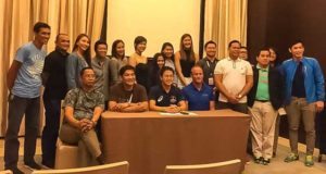 The local players, along with Philippine Superliga (PSL) President Ramon ‘Tats’ Suzara, Eventcourt CEO Peter Bratschi and Japanese mentor Shun Takahasi during the FIVB Women’s Club World Championship news conference at the Crimson Hotel.  CONTRIBUTED PHOTO