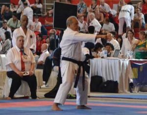 Filipino karateka Emmanuel Velez, 77, performs his winning kata during the 12th Shotokan Karatedo International Federation World Championships in Jakarta, Indonesia. CONTRIBUTED PHOTO