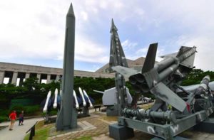 DEADLY REPLICAS  Visitors walk past replicas of North Korean Scud-B missile (left) and South Korean Nike missiles (right) at the Korean War Memorial in Seoul on Monday. North Korea fired three ballistic missiles off its east coast on Monday, Seoul said, in a new show of force that comes as top world leaders meet for the Group of 20 summit in China. AFP PHOTO