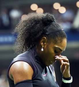 Serena Williams of the US reacts after losing a point against Karolina Pliskova of Czech Republic during their 2016 US Open Women’s Singles semifinal match at the USTA Billie Jean King National Tennis Center in New York on Friday.  AFP PHOTO 