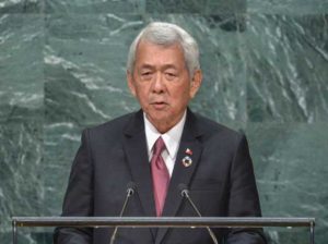 YASAY AT UN Foreign Secretary Perfecto Yasay Jr. addresses the 71st session of the United Nations General Assembly at the UN headquarters in New York on September 24. In Yasay’s UN debut, he urged countries to avoid ‘undue interference’ in domestic affairs. AFP PHOTO BY KENA BETANCUR