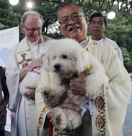 Bishop Deogracias Iñiguez carries a dog after the blessing of pets at the Ninoy Aquino Parks and Wildlife Center in Quezon City Tuesday to mark the feast day of St. Francis of Assisi. PHOTO BY MIKE DE JUAN 