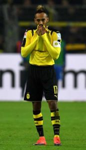 Dortmund’s Gabonese striker Pierre-Emerick Aubameyang react during the German first division Bundesliga football match between BVB Borussia Dortmund and Hertha BSC Berlin in Dortmund, western Germany on Saturday. AFP PHOTO