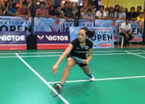 Bianca Carlos chases a return shot to Malvinne Ann Alcala during their semis clash in the Bingo Bonanza National Open Badminton Tournament. CONTRIBUTED PHOTO 