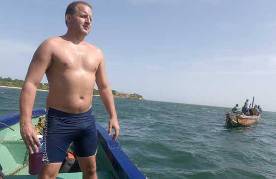 FROM AFRICA TO BRAZIL British swimmer Ben Hooper stands on a boat during a training session off the Bel Air beach in Dakar, Senegal on October 28. As a boy, Ben Hooper wanted to join the British explorers he idolized for surmounting the impossible, and now as he prepares to swim across the Atlantic, he hopes to equal their daring feats – and survive. AFP PHOTO