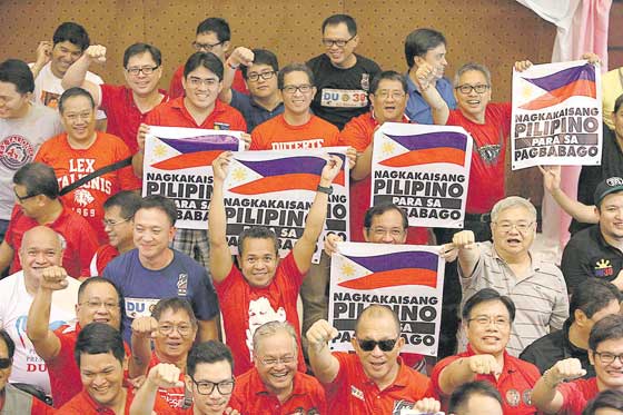 Members of Lex Talionis Fraternitas gather to show their support for President Rodrigo Duterte, a member of the fraternity. The group said it is satisfied with the performance of the President in his first 100 days in office. PHOTO BY RUSSELL PALMA