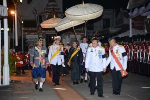 CROWN PRINCE Photo received by the Thai Royal Bureau and taken on October 14 shows Crown Prince Maha Vajiralongkorn (second left) and Princess Sirindhorn (third left) in the grounds of the Grand Palace after the body of the late Thai King Bhumibol Adulyadej was transported to the Palace from Siriraj Hospital in Bangkok after his death on October 13, 2016. Bhumibol, the world’s longest-reigning monarch, passed away at 88, after years of ill health, ending seven decades as a stabilizing figure in a nation of deep political divisions. AFP PHOTO/HO/ROYAL BUREAU