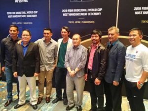 Chot Reyes (far right) with Manny V. Pangilinan and Manny Pacquiao during the Philippines’ last pitch to bag the hosting rights of the 2019 FIBA World Cup at the Prince Park Tower Hotel in Tokyo, Japan in August 7, 2015. CONTRIBUTED PHOTO