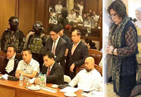 She needs a miracle: Alleged druglord inmate Colanggo, among many, testifying against De Lima at the House hearing. (Right) Praying at the CBCP chapel.