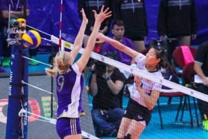 Jutarat Montripila (10) of Bangkok Glass smashes the ball through the defense of Zurich’s Natalya Mammadova during the opening day of the FIVB Women’s Club World Championship presented by PLDT at the Mall of Asia Arena on Tuesday. CONTRIBUTED PHOTO