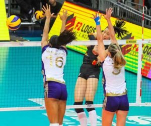 Vakifbank’s Ting Zhu smashes one on Volero’s Foluke Akinradewo (16) and Josefa Fabiola Almeida De Sousa Alves (3) during the FIVB Women’s Club World Championship presented by PLDT on Sunday at the Mall of Asia Arena. CONTRIBUTED PHOTO