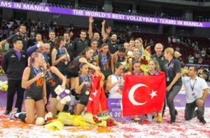 Players, coaches and several supporters of the Eczacibasi VitrA volleyball club from Turkey celebrate after they were awarded the gold medal for their successful defense of the crown late Sunday night at the end of the 2016 FIVB Women’s Club World Championship at the MOA Arena. CONTRIBUTED PHOTO